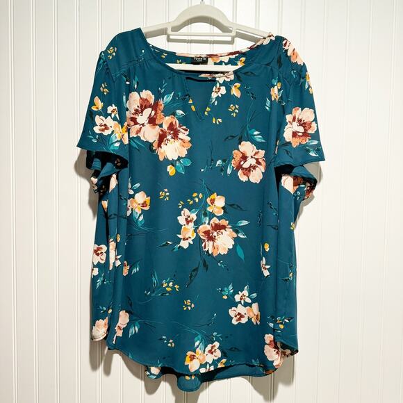 Torrid Teal Floral Harper Blouse Flutter Sleeves Plus Size 3X - Picture 2 of 6